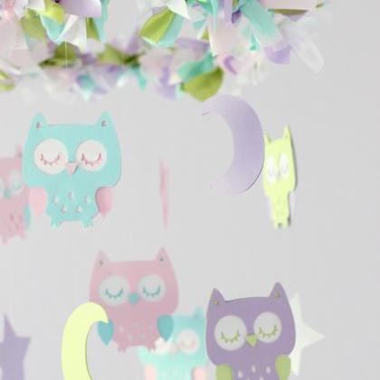 Owl Nursery Mobile In Lavender, Pink, Green..