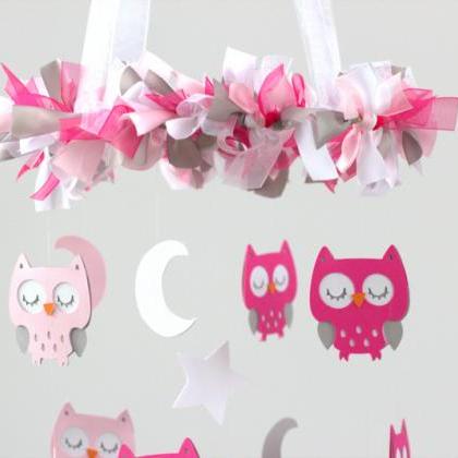 Owl Nursery Mobile In Pink, Baby Pink, Gray..
