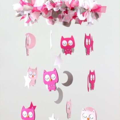 Owl Nursery Mobile In Pink, Baby Pink, Gray..