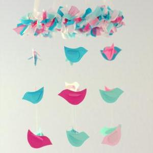 Pink, Aqua & Turquoise Bird Mobile -..