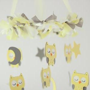 Small Owl Nursery Mobile In Light Yellow, Gray..
