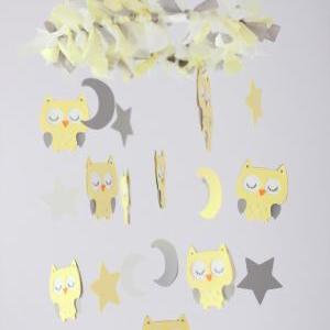 Small Owl Nursery Mobile In Light Yellow, Gray..