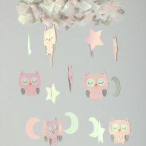 Owl Nursery Mobile In Baby Pink, Gray..