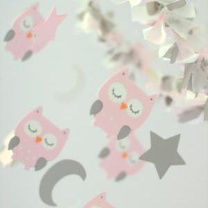 Owl Nursery Mobile In Baby Pink, Gray..