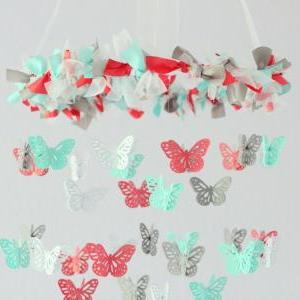 Coral, Aqua, Gray & White Butterfly..