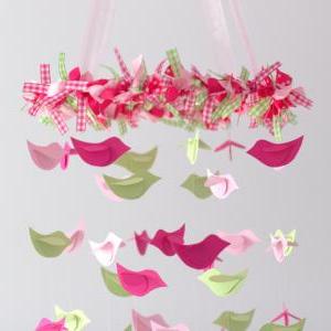 Pink & Green Bird Nursery Crib Mobile,..