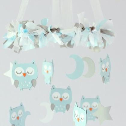 Owl Nursery Mobile In Baby Blue, Gray..