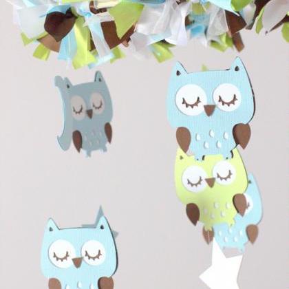 Owl Nursery Mobile In Baby Blue, Light Green,..