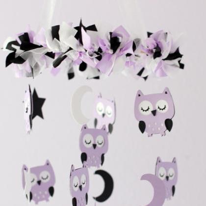 Owl Nursery Mobile In Lavender, Black..