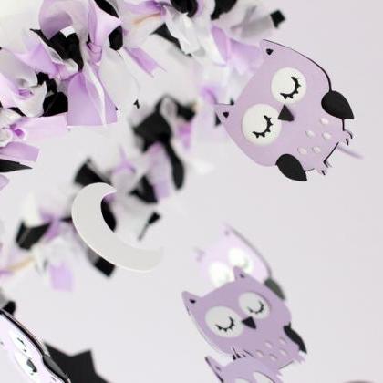 Owl Nursery Mobile In Lavender, Black..