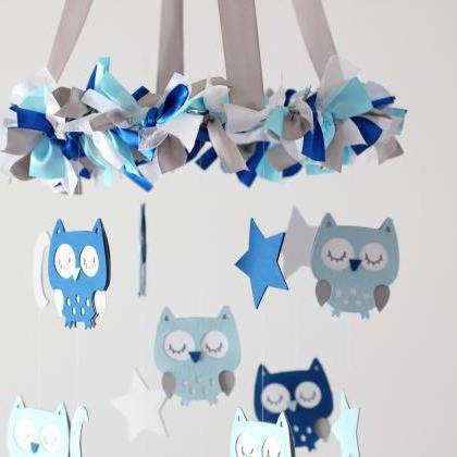 Owl Nursery Mobile In Baby Blue, Cobalt Blue, Gray..