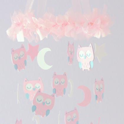 Small Owl Nursery Mobile In Pink, Baby Blue..