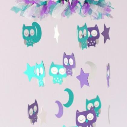 Owl Nursery Mobile In Purple, Teal, Gray..