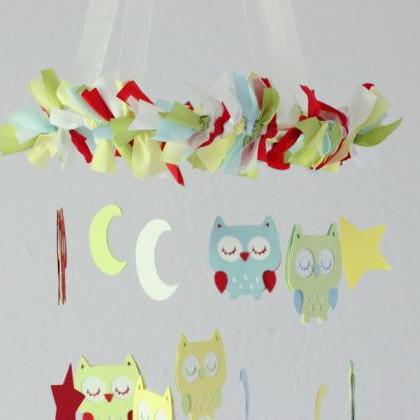 Small Owl Nursery Mobile In Red, Green, Yellow,..