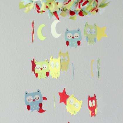 Small Owl Nursery Mobile In Red, Green, Yellow,..