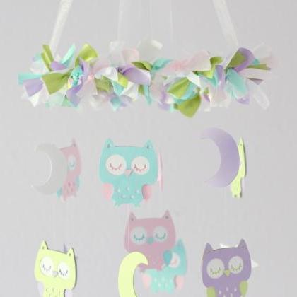 Owl Nursery Mobile In Lavender, Green, Baby Pink,..
