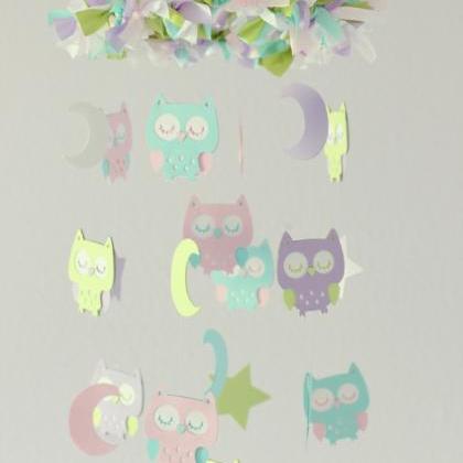 Owl Nursery Mobile In Lavender, Green, Baby Pink,..
