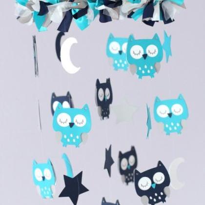 Owl Nursery Mobile In Turquoise, Navy Blue, Gray..