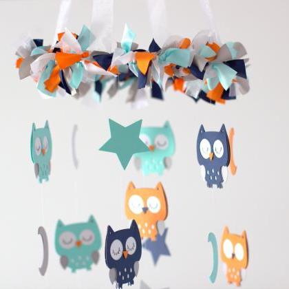 Owl Nursery Mobile In Aqua, Orange, Gray, Navy..