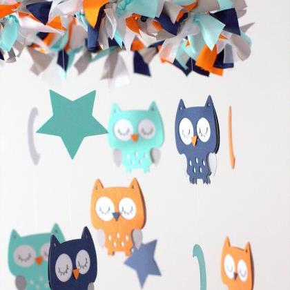 Owl Nursery Mobile In Aqua, Orange, Gray, Navy..