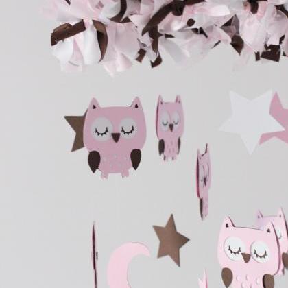 Owl Nursery Mobile In Baby Pink, Brown..