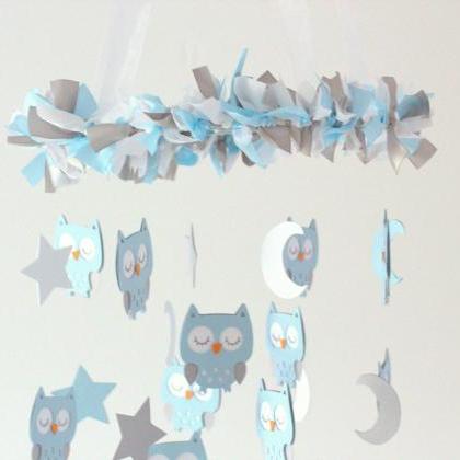 Large Owl Nursery Mobile In Baby Blue, Gray..