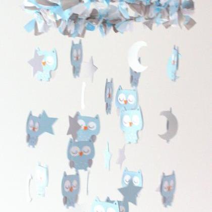 Large Owl Nursery Mobile In Baby Blue, Gray..
