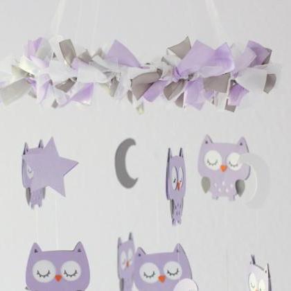 Small Owl Nursery Mobile In Lavender, Gray..