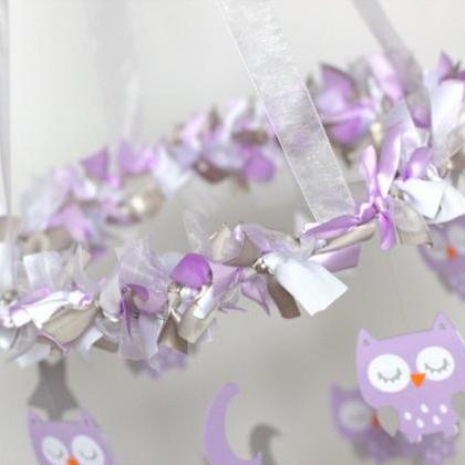 Owl Nursery Mobile In Lavender, White..