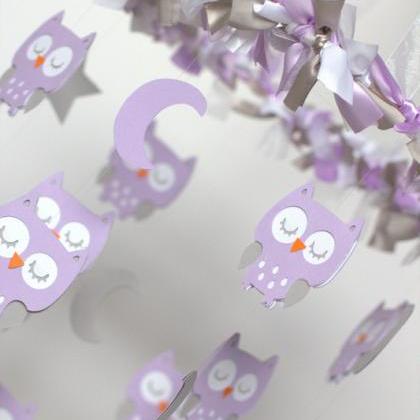 Owl Nursery Mobile In Lavender, White..