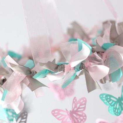Small Butterfly Nursery Mobile In Light Pink, Aqua..