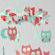 Small Owl Nursery Mobile in Aqua, Coral & White- Baby Mobile, Crib Mobile, Baby Shower Gift