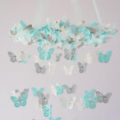 Aqua, White & Gray Nursery Butterfly Mobile, Photography Prop, Baby Shower Gift