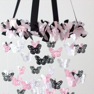 Black, Pink & White Butterfly Nursery Mobile