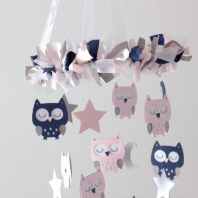 Owl Nursery Mobile in Pink, Navy Blue & White