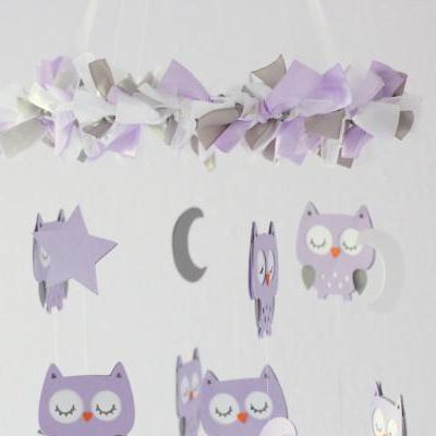 SMALL Owl Nursery Mobile in Lavender, Gray & White