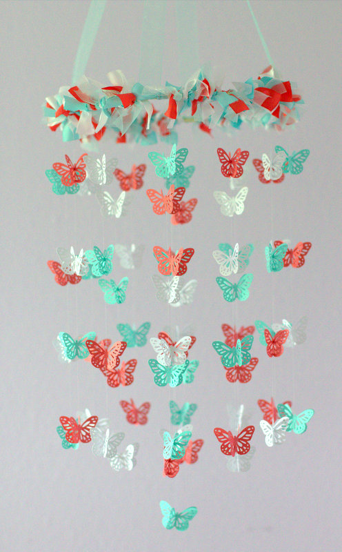 Coral, Aqua & White Butterfly Nursery Mobile