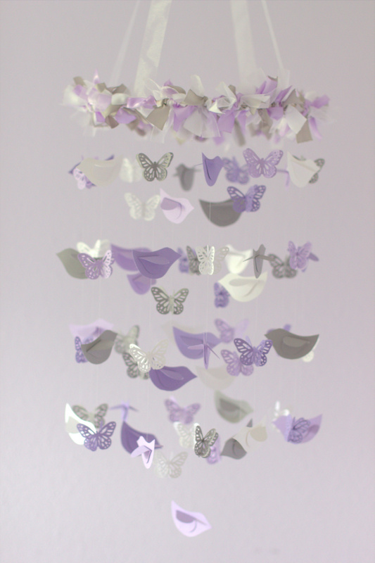 Lavender, Gray & White Butterflies And Birds Nursery Mobile