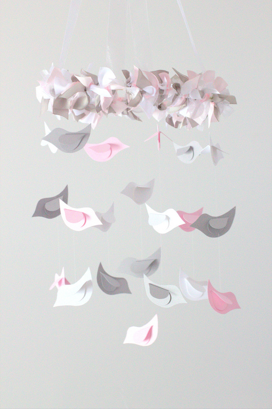 Small Pink & Gray Bird Mobile- Baby Nursery Mobile, Baby Shower Gift