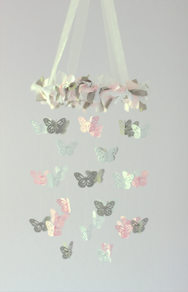 Small Butterfly Mobile- Light Pink, Gray & White