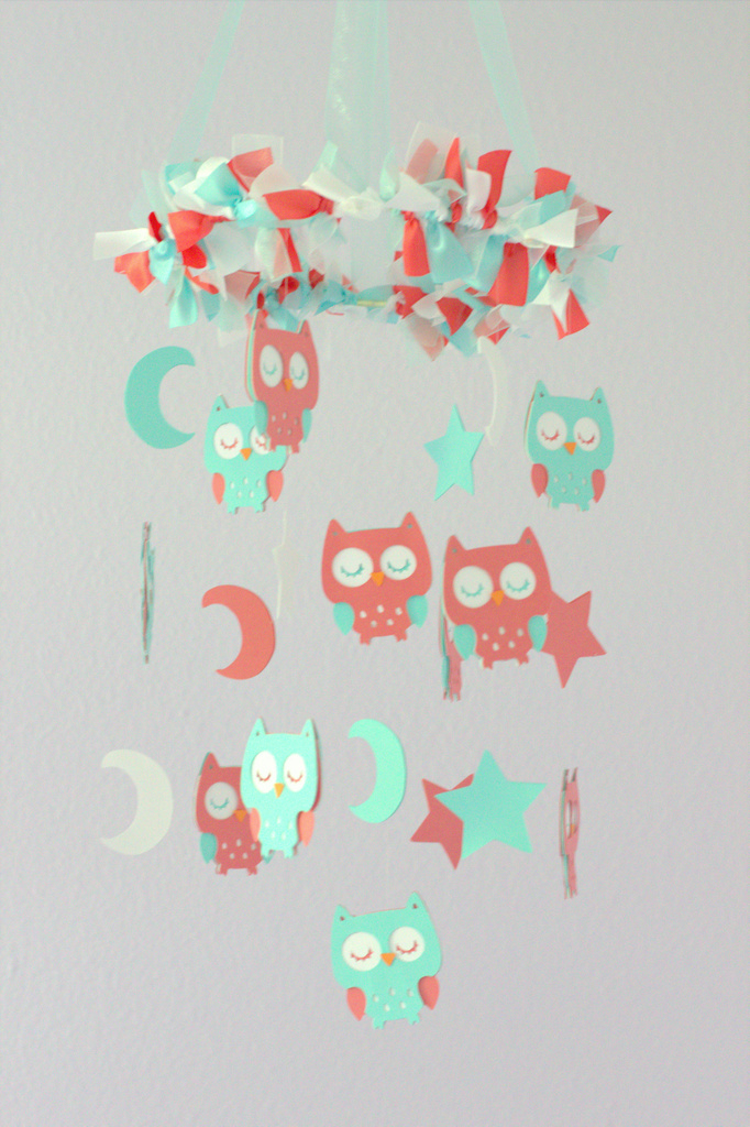 Small Owl Nursery Mobile In Aqua, Coral & White- Baby Mobile, Crib Mobile, Baby Shower Gift