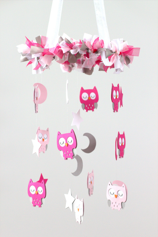 Owl Nursery Mobile In Pink, Baby Pink, Gray & White