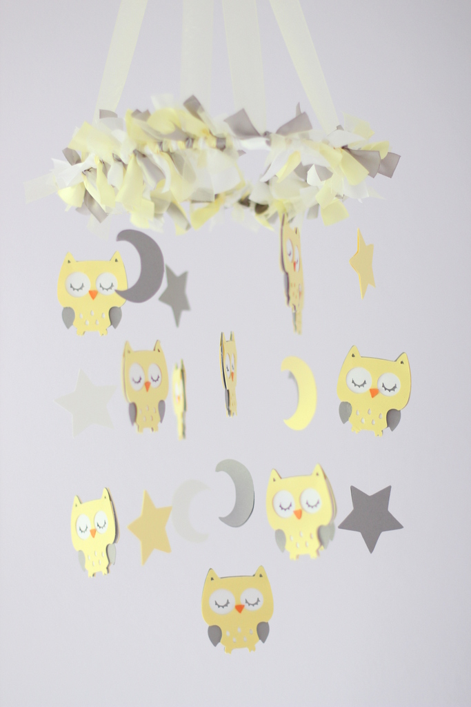 Small Owl Nursery Mobile In Light Yellow, Gray & White- Baby Mobile, Crib Mobile, Baby Shower Gift