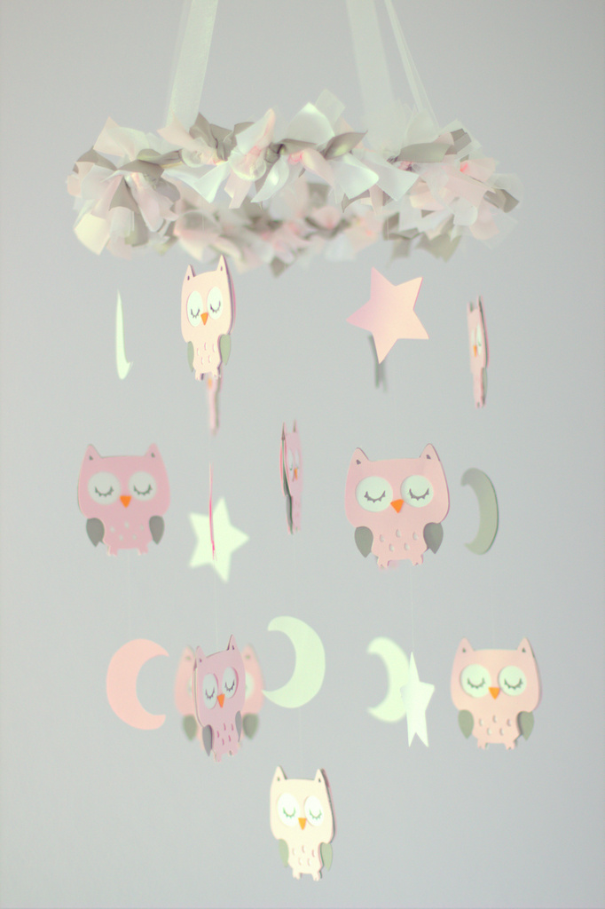 Owl Nursery Mobile In Baby Pink, Gray & White