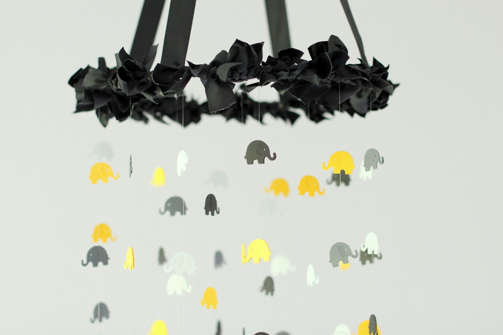 Black, Yellow, Gray, Charcoal & White Elephant Nursery Mobile