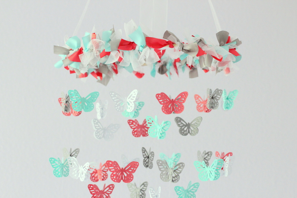 Coral, Aqua, Gray & White Butterfly Nursery Mobile