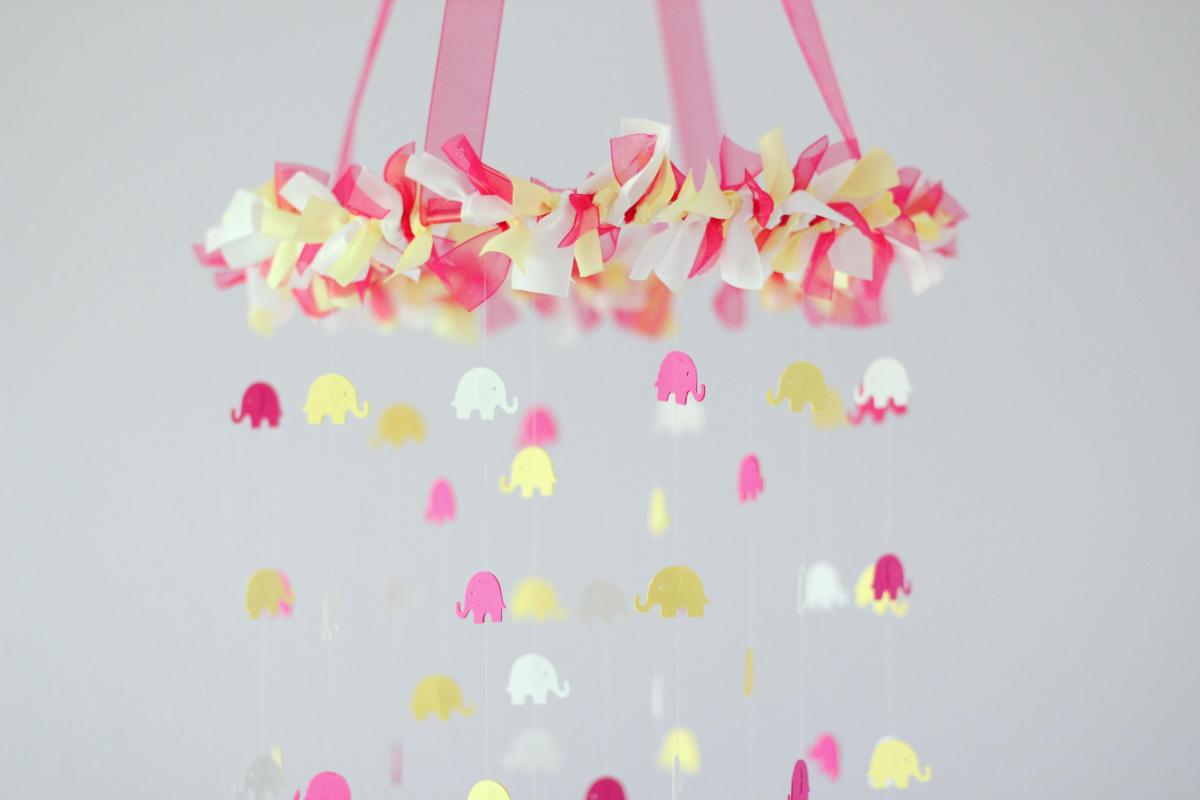 Elephant Crib Mobile- Pink, Yellow, & White Nursery Mobile, Baby Shower Gift, Photographer Prop