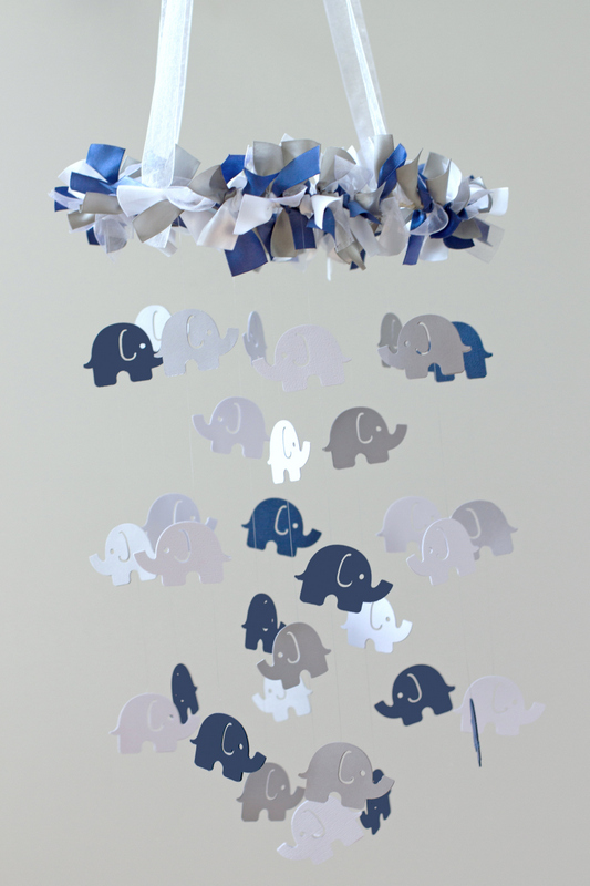 Elephant Nursery Mobile- Navy Blue, Gray & White