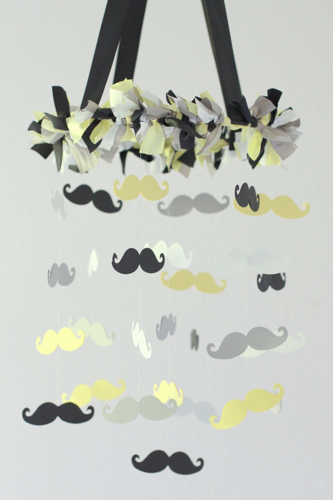 Mustache Nursery Mobile In Yellow, Black, Gray & White