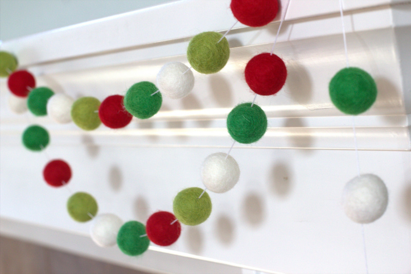 Christmas Felt Ball Garland- Red & Greens - Winter Holiday Decor= 8 Foot/32 Felt Balls- 1" (2.5 Cm) Wool Felt Balls